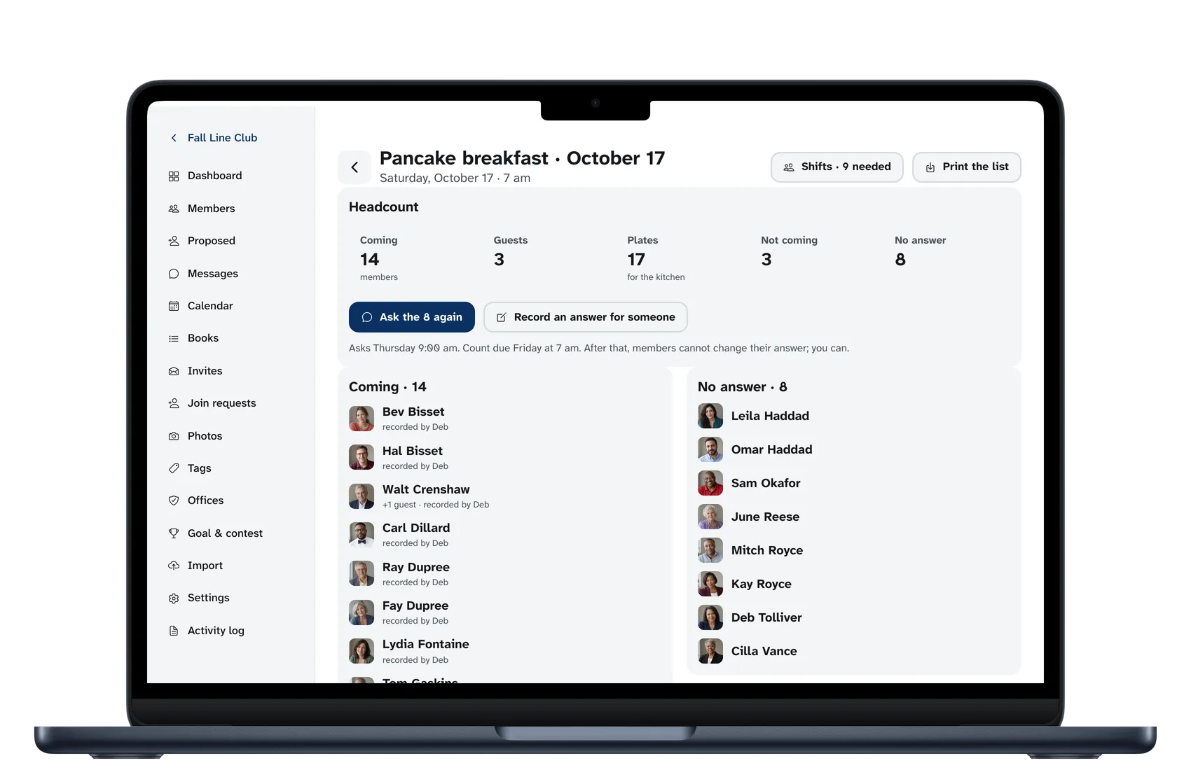 The pancake breakfast's page: the headcount with plates for the kitchen, who is coming, who has not answered, and the shifts