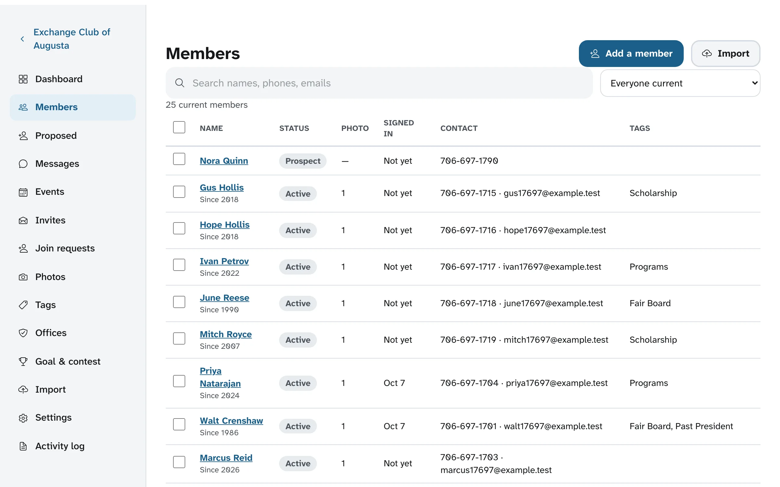 The members table on a laptop: name, status, photo, signed in, contact and tags for every member, with a search box and the import button