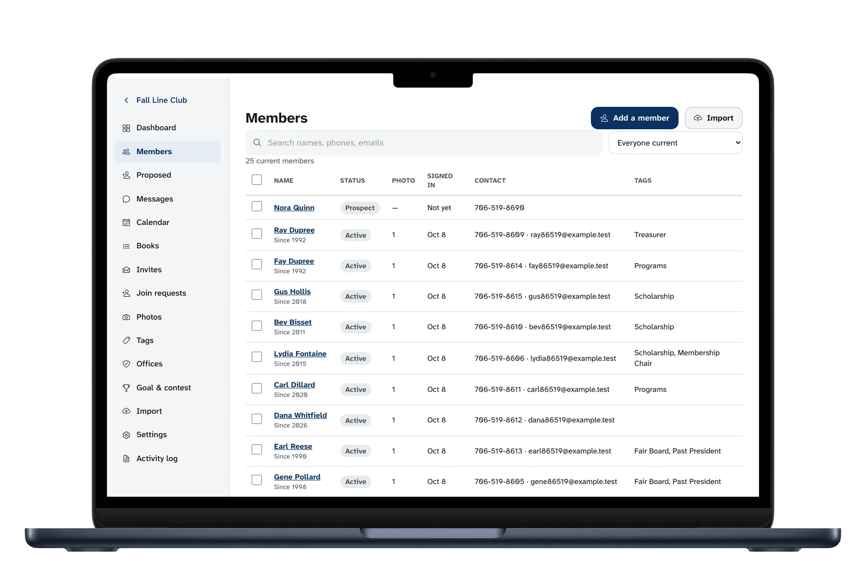 The members table on a laptop: name, status, photo, signed in, contact and tags for every member, with a search box and the import button