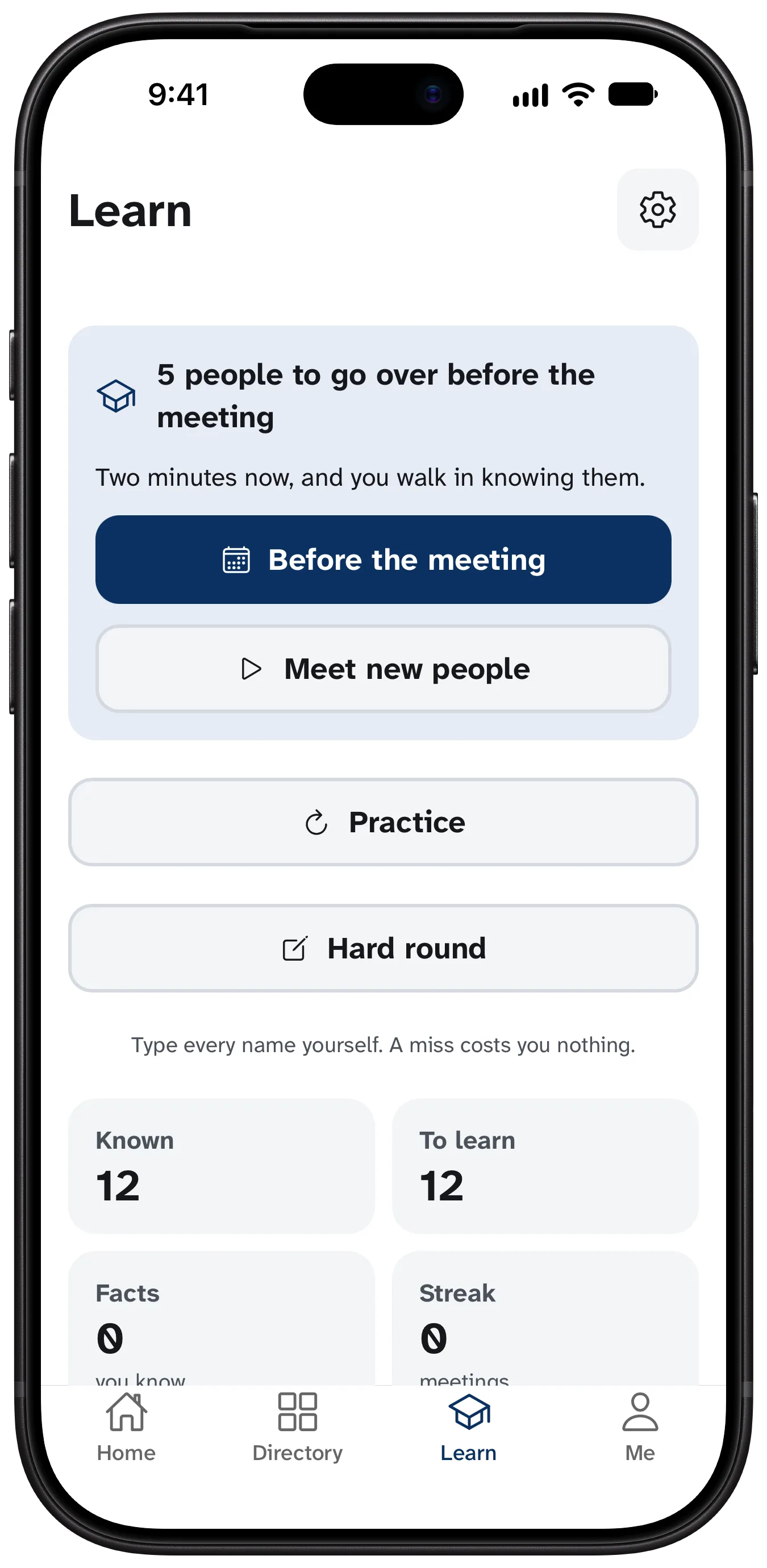 The Learn tab: five people to review before the meeting, and the member's own counts