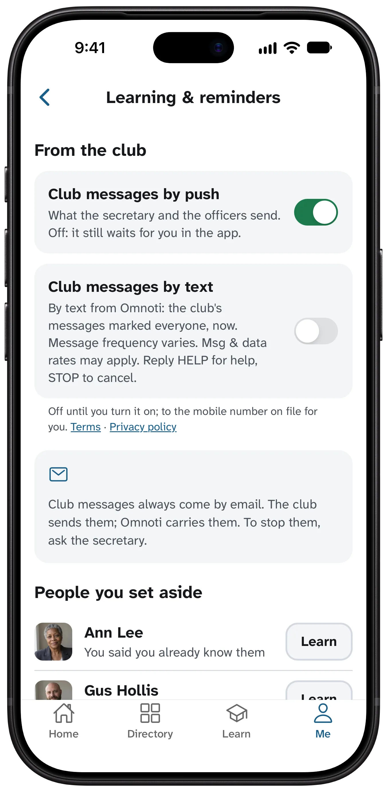The Learning and reminders screen with Club messages by text off, and the program words beside the switch