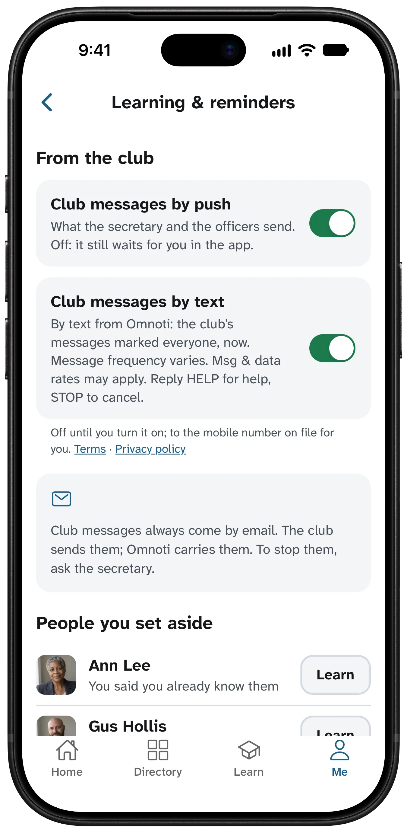 The same screen after the member turned Club messages by text on